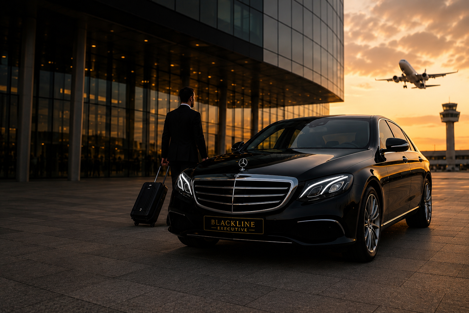 BlackLine Executive chauffeur and Mercedes-Benz at an airport